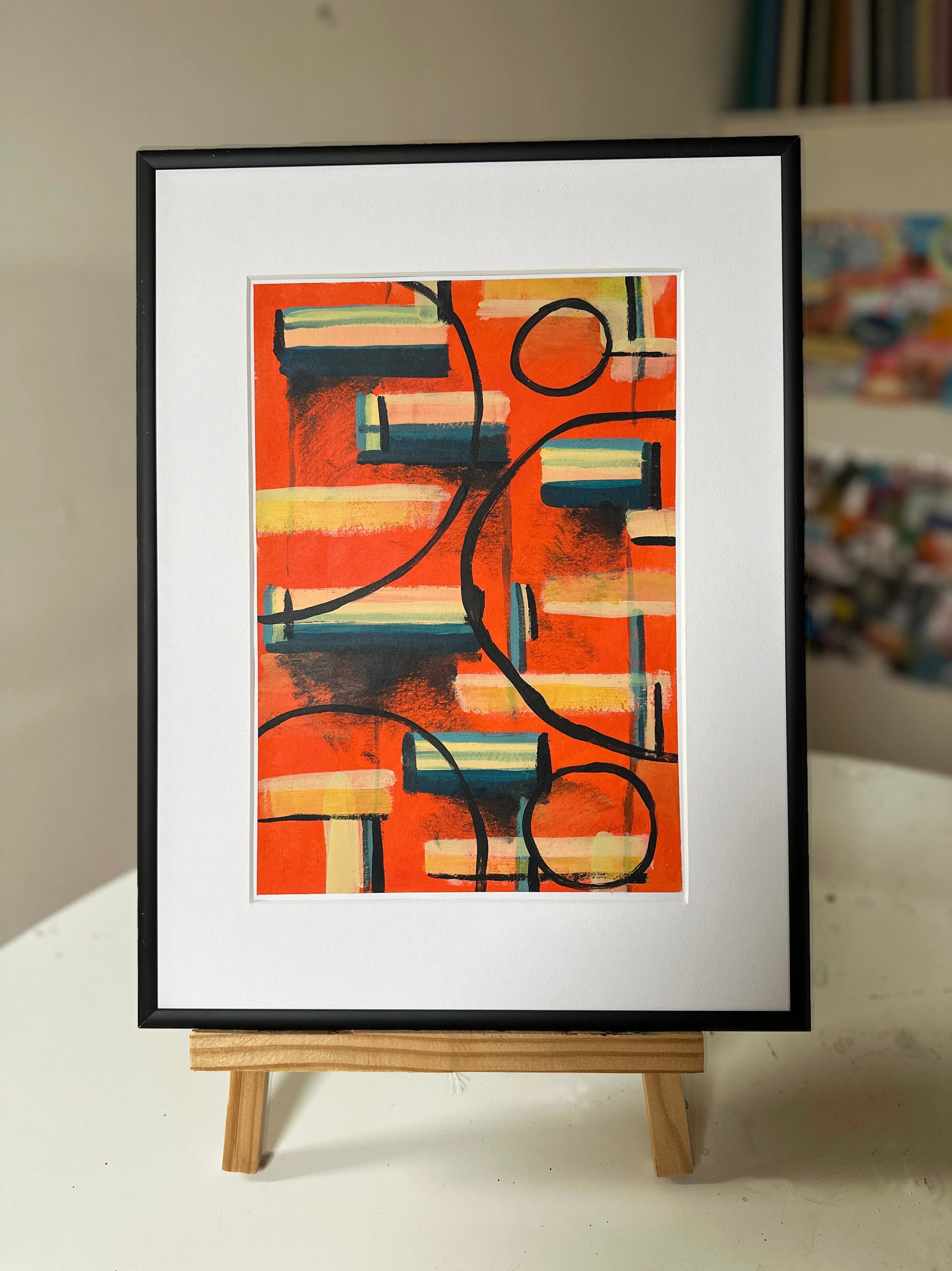 Three Ordinary Nights – Abstract painting with expressive brushstrokes in orange, black, blue and yellow, created by a small independent artist Lena Schots in Rotterdam The Netherlands
