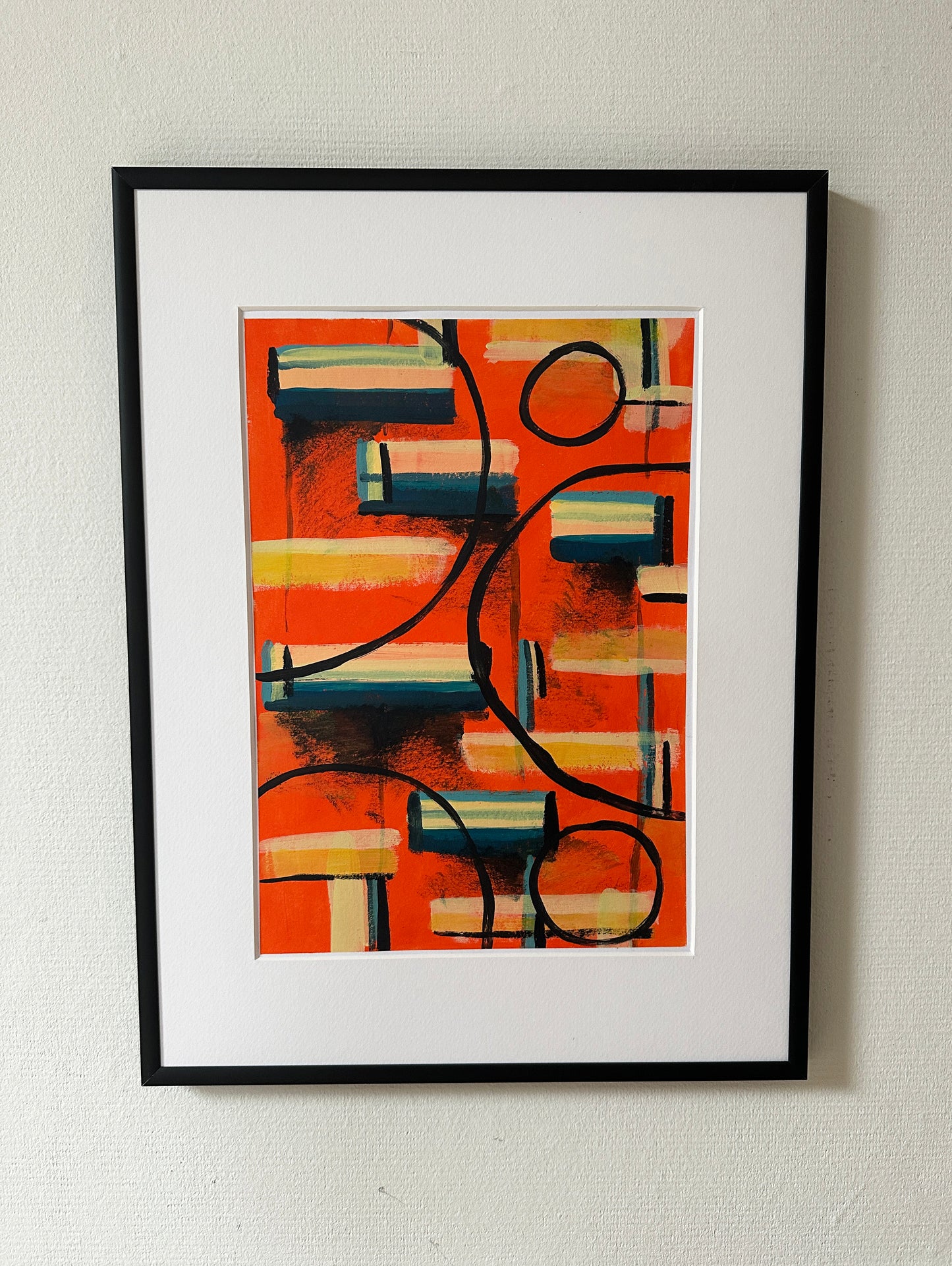 Three Ordinary Nights – Abstract painting with expressive brushstrokes in orange, black, blue and yellow, created by a small independent artist Lena Schots in Rotterdam The Netherlands