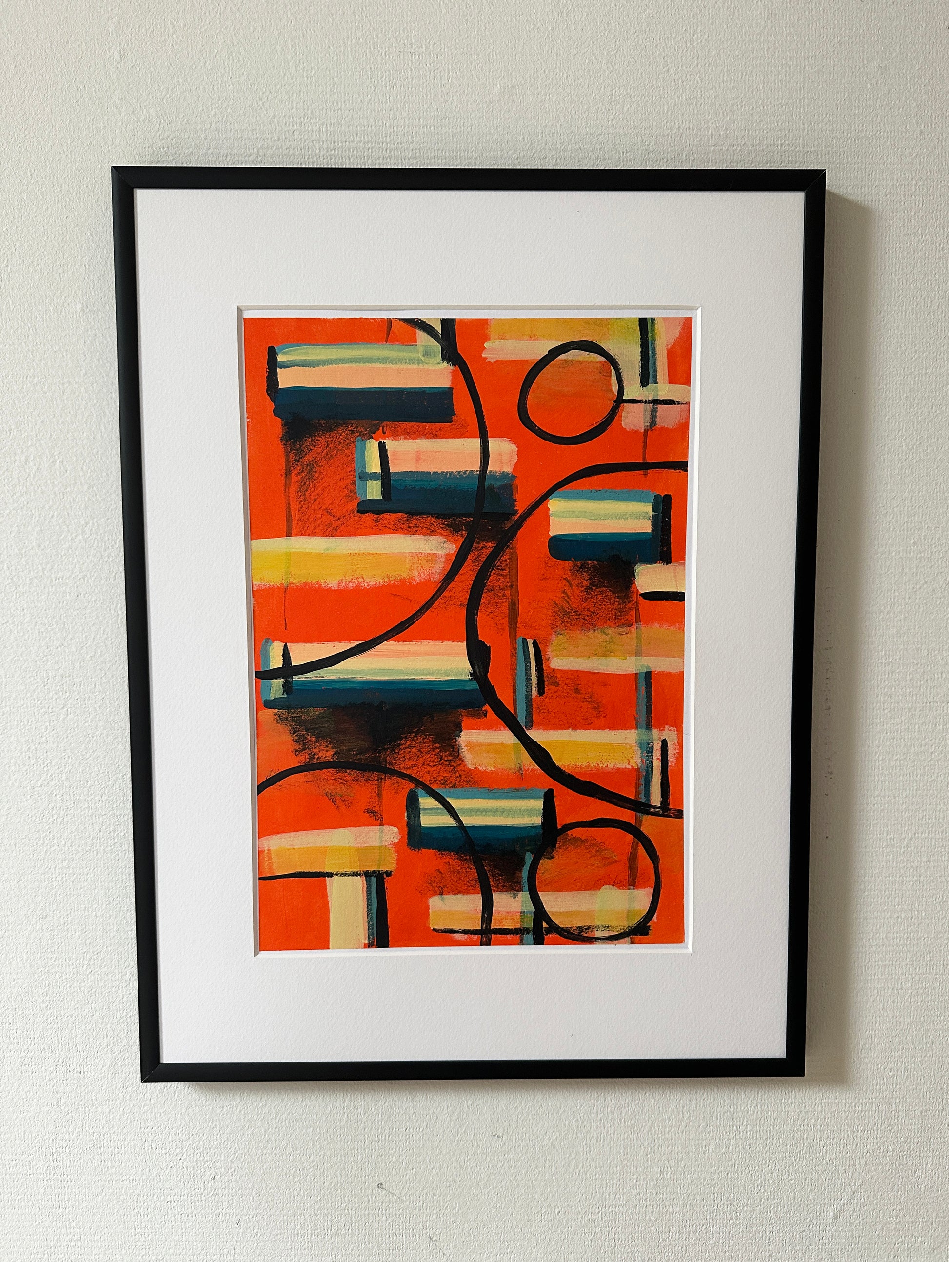 Three Ordinary Nights – Abstract painting with expressive brushstrokes in orange, black, blue and yellow, created by a small independent artist Lena Schots in Rotterdam The Netherlands