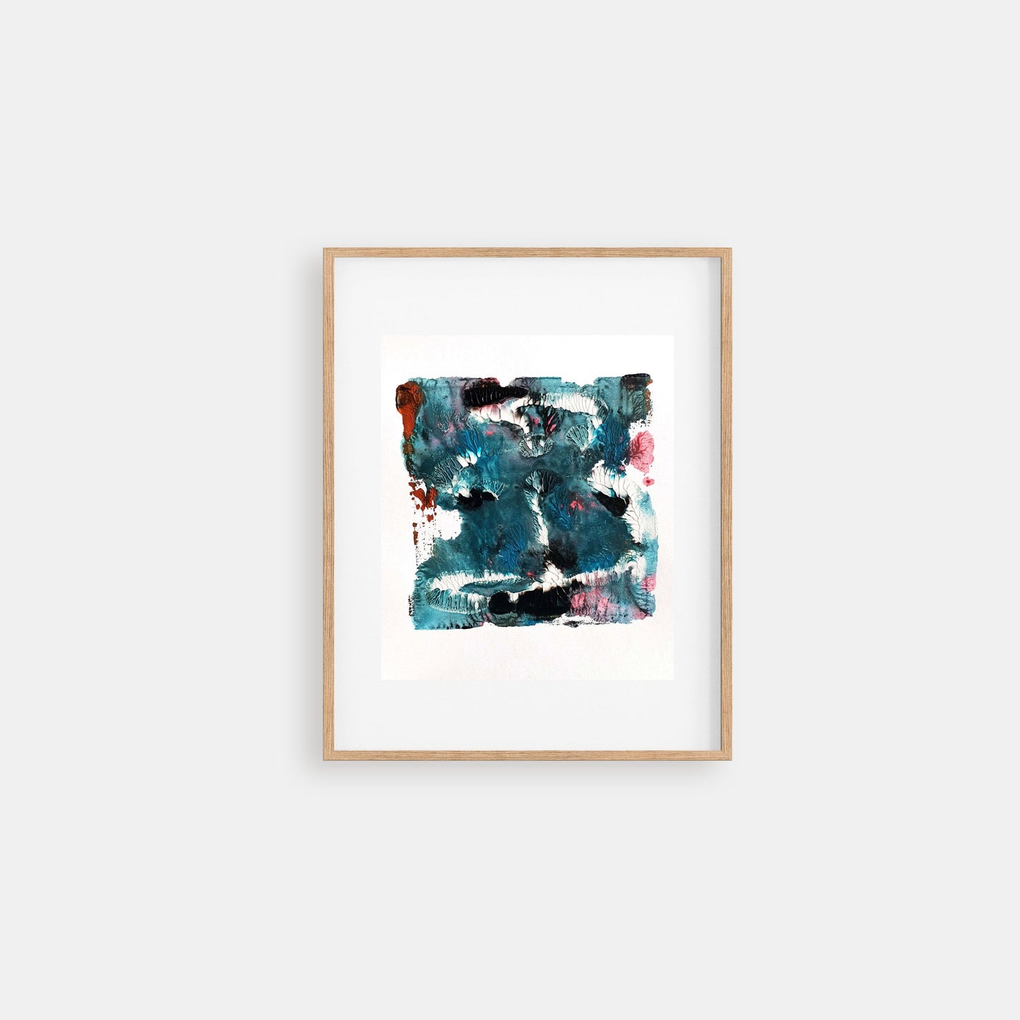 Footprints in the sea - abstract acrylic painting on paper with turquiose and pink accents