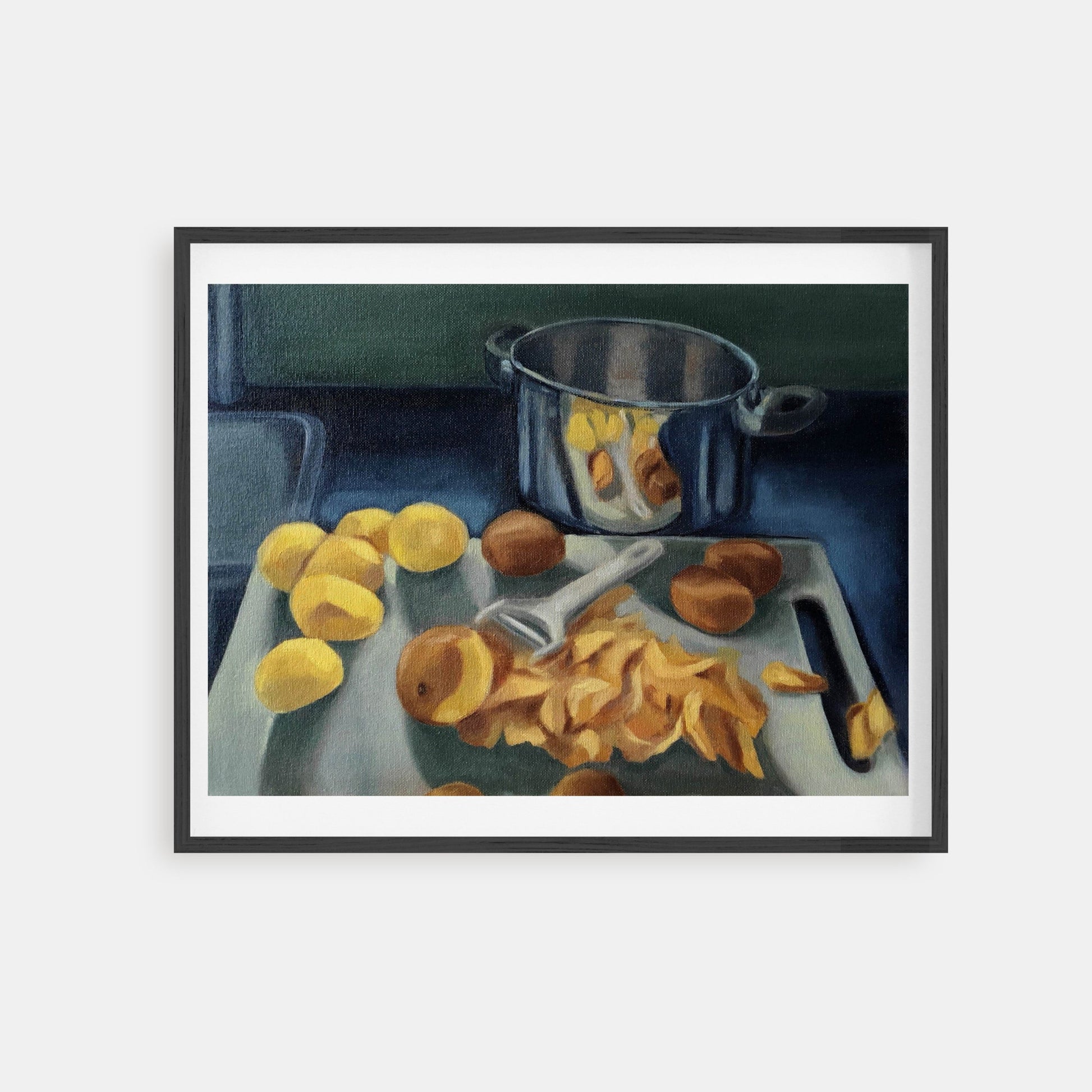 Meditative Mashed Potatoes  - still life oil painting - peeling potatoes