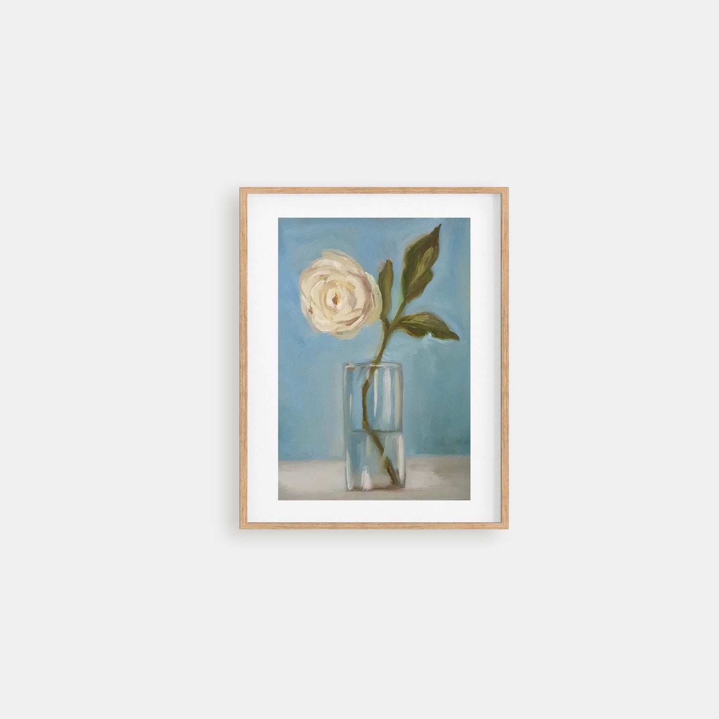 Rosie - oil still life painting of a white rose with a leaf in a glass