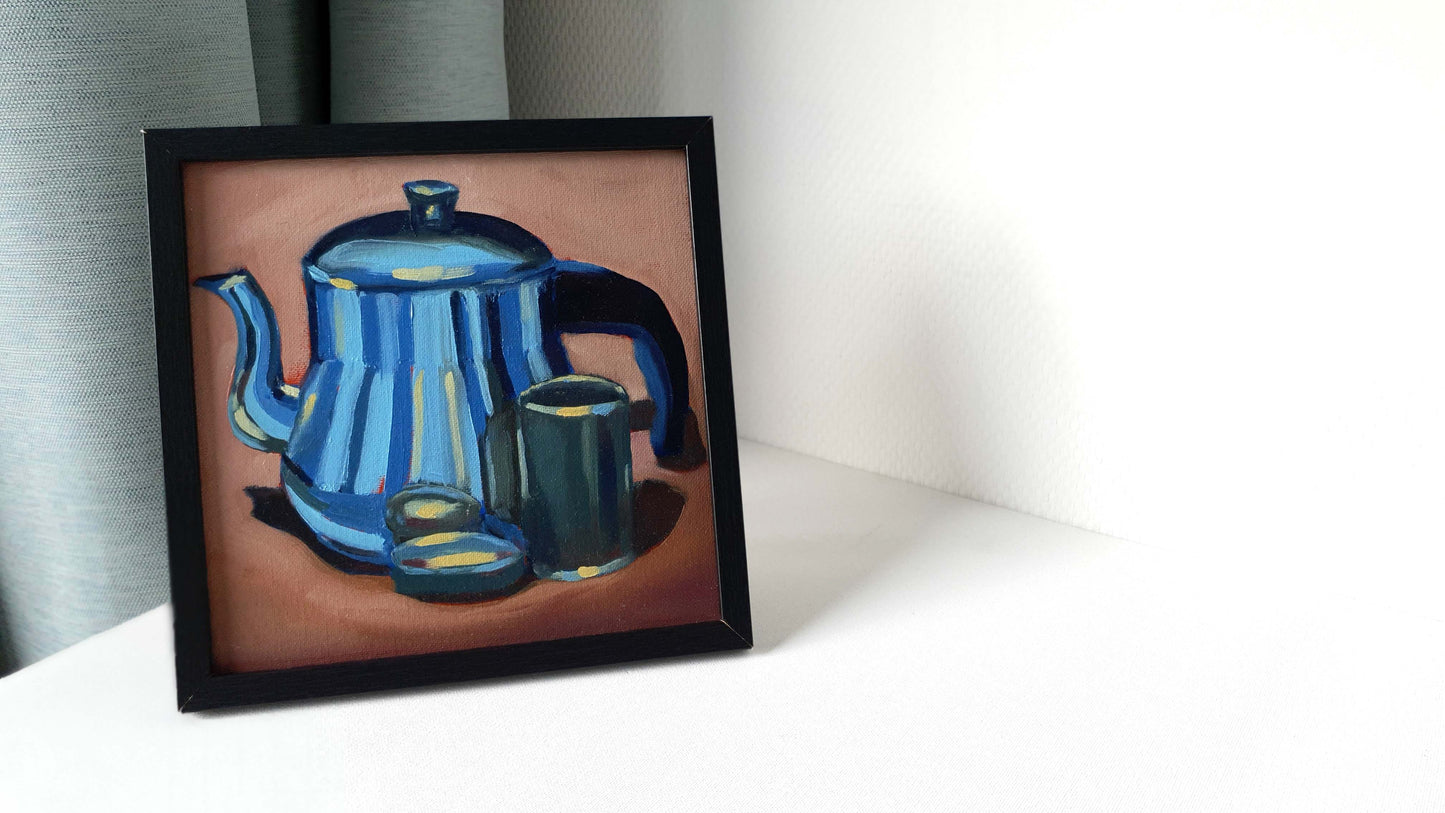Blue Striped Pot - Original still life painting
