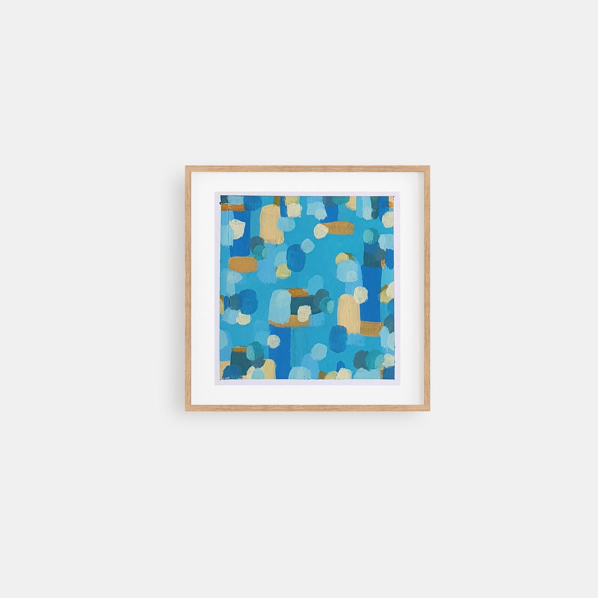 Brighten up blue - small mini abstract acrylic painting on paper with light blues warm yellow and ochre