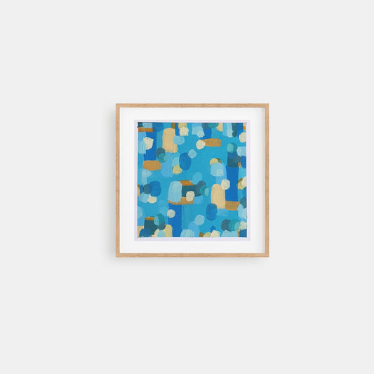 Brighten up blue - small mini abstract acrylic painting on paper with light blues warm yellow and ochre