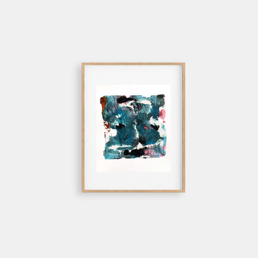 Footprints in the sea - abstract acrylic painting on paper with turquiose and pink accents
