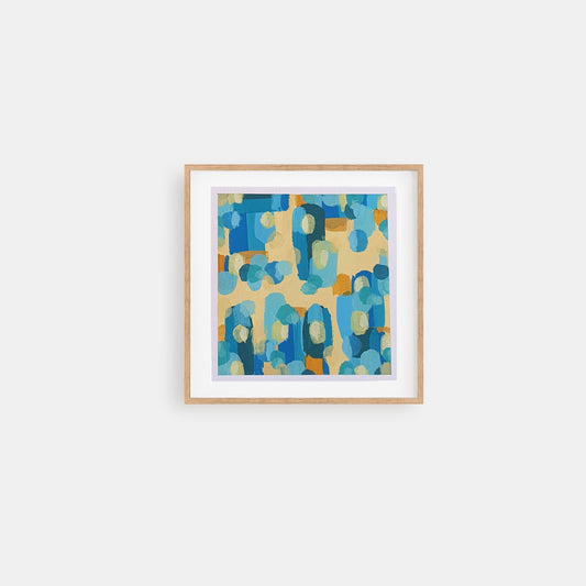 Lighten up Yellow - small mini abstract acrylic painting on paper with light blues warm yellow and ochre