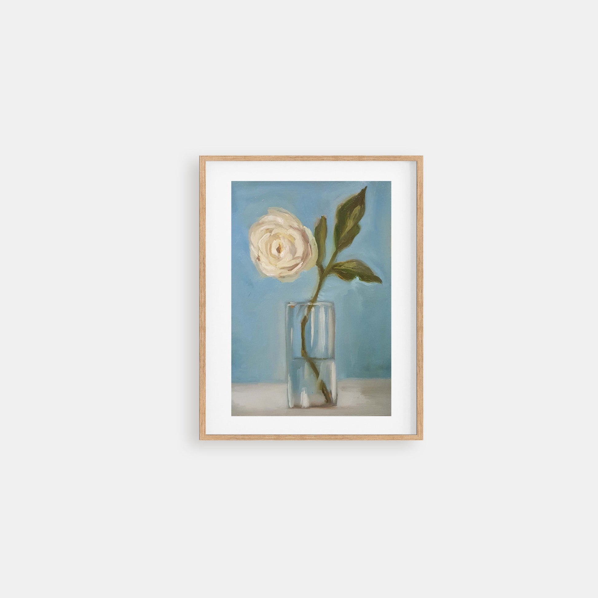 Rosie - oil still life painting of a white rose with a leaf in a glass