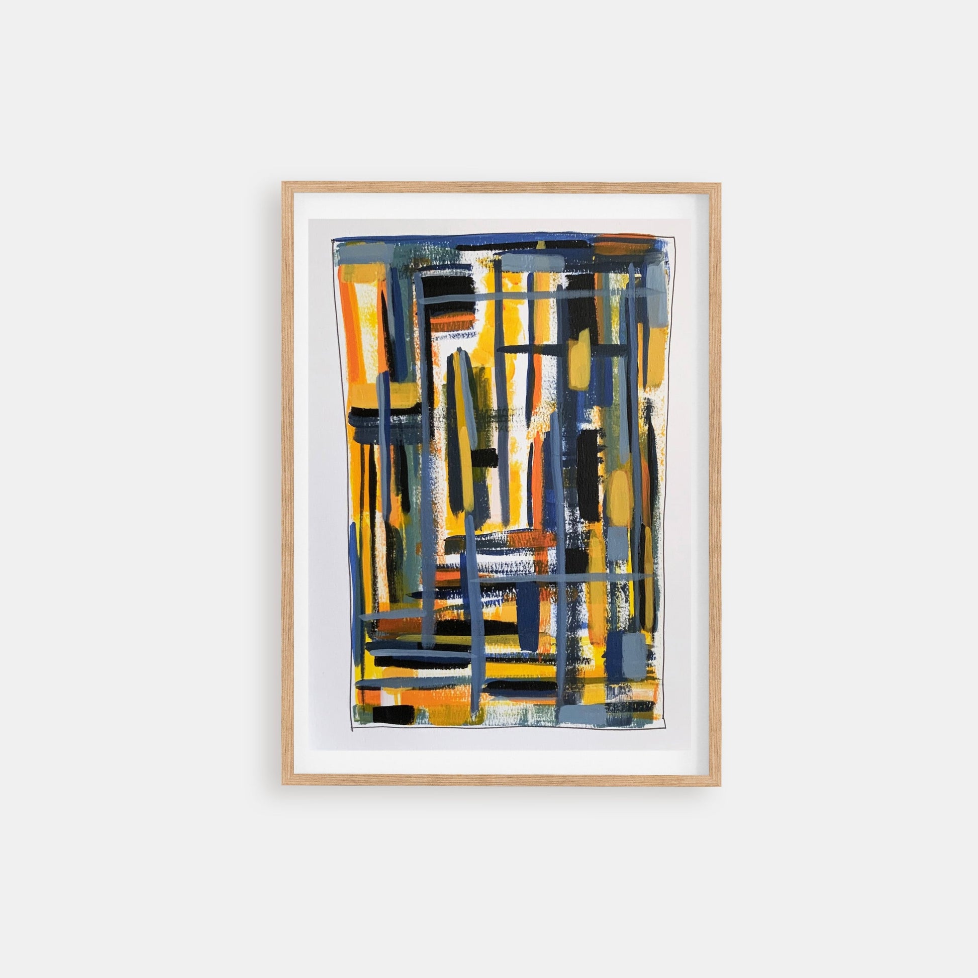 The map - acrylic abstract painting on paper with stripes and blue and yellow colours