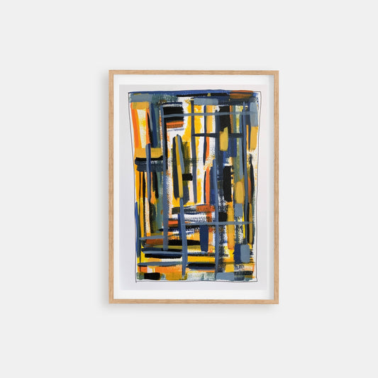 The map - acrylic abstract painting on paper with stripes and blue and yellow colours