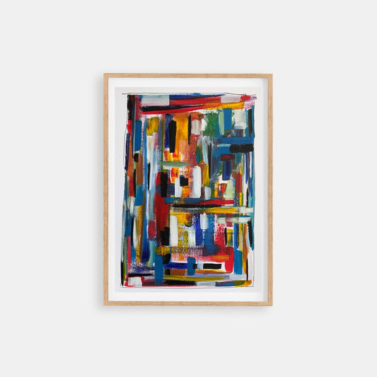 Traffic - acrylic abstract painting on paper with stripes and primary colours