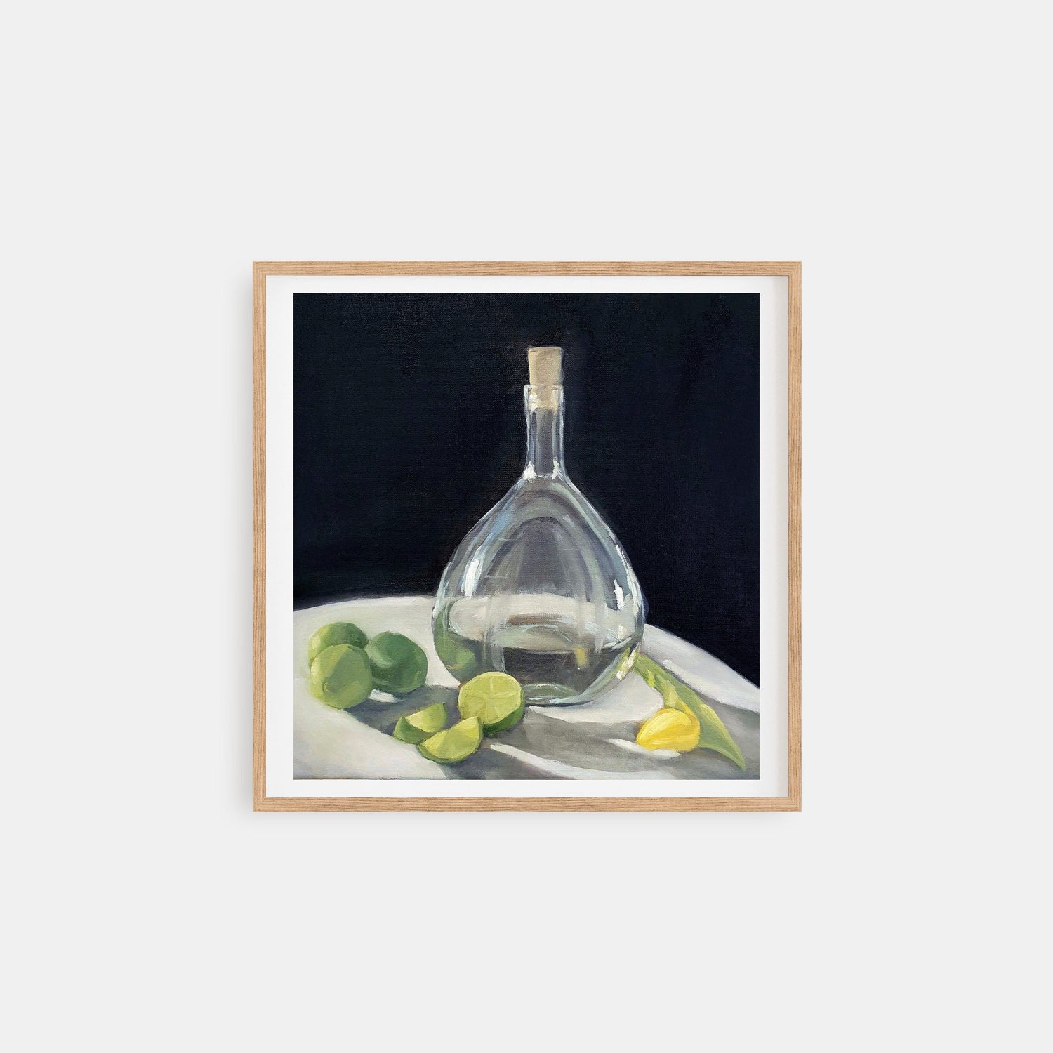 Vase and Limes - Still life oil painting with high contrast and reflection on canvas of glass vase, limes and yellow tulip by Lena Schots in Rotterdam